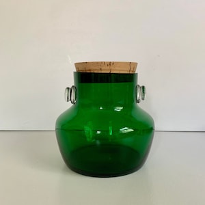 1970&#39;s Takahashi Japan Green Glass and Cork Canister/Jar