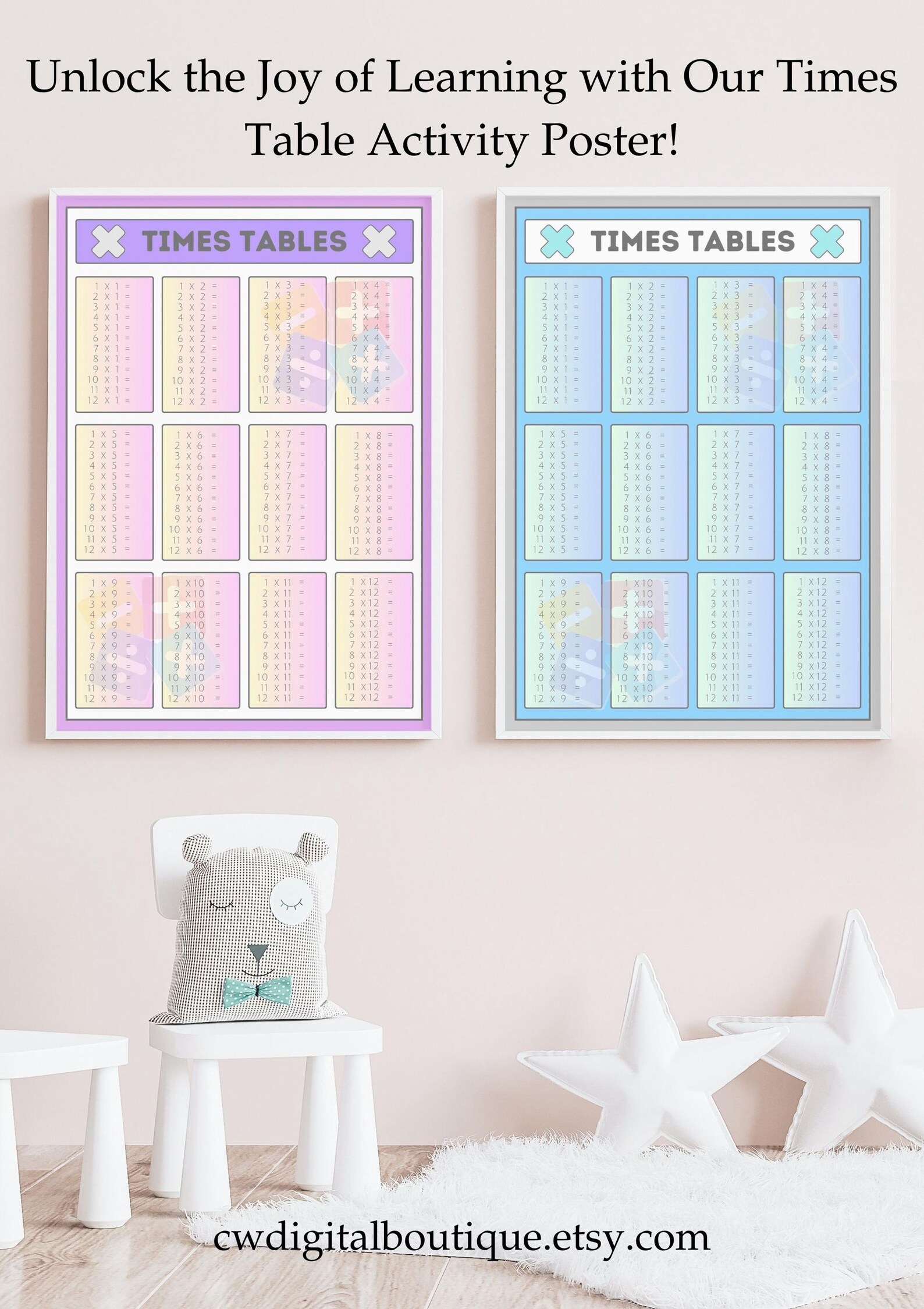 Times Table Activity Poster A3 Blue Bedroom Playroom Nursery Kitchen ...