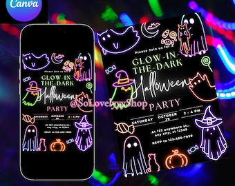Glow in the Dark Halloween Party Invitation, Editable Neon Halloween Invite, Spooky Glow Party Template, Digital Download, Neon Party