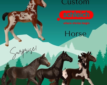 May include: Four horse figurines including a brown and white spotted foal, a solid dark brown horse, a solid black horse with a braided mane, and a brown and white pinto horse. Text reads Custom, Schleich, where stories begin, Horse, Surprise!