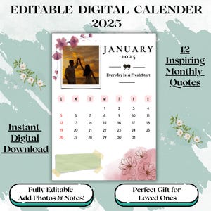 2025 Printable Calendar Canva Template – Minimalist A4 Digital Monthly Planner, Editable PDF, Instant Download, Clean Design, Monthly Quotes