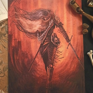 May include: A digital painting of a warrior in dark armor with a long white cloak, holding a sword and a staff. The warrior is standing in a fiery red background.