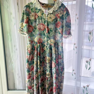 Vintage Cottagecore Floral Dress – 90s Landhaus Look by Mexico – Romantic Lace Collar – M Size
