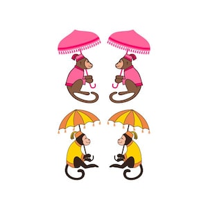 Può includere: Due coppie di scimmie che indossano cappelli e tengono ombrelli rosa e arancioni. Le scimmie sono sedute e si guardano.