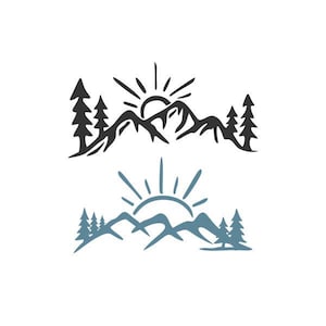 May include: A black and white illustration of a mountain range with a sun rising behind it. There are trees on either side of the mountain range. Below the illustration is a blue and white version of the same image.