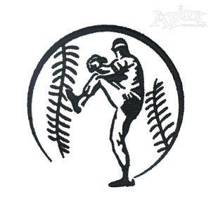 May include: Black and white embroidery design of a baseball pitcher throwing a ball, inside a circle with a baseball stitch pattern.