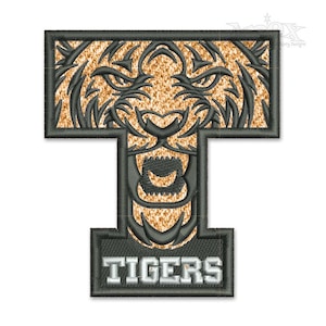 May include: A black and gold embroidered patch with a tiger's face and the word "TIGERS" in white lettering.