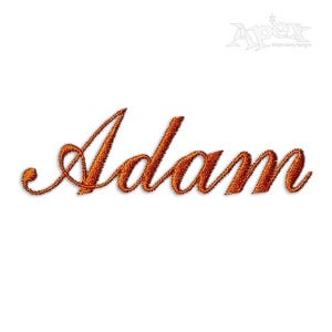 May include: Embroidered name "Adam" in a flowing script, in shades of orange and brown. The text is centered on a white background, with the Apex Embroidery Designs logo in the upper right corner.