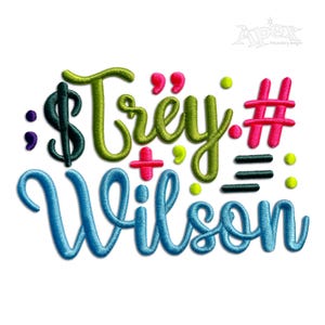 May include: Embroidered design with the name "Trey Wilson" in a cursive font, incorporating symbols like a dollar sign and hashtag. The design uses a palette of green, blue, pink, and yellow, creating a vibrant and playful aesthetic.