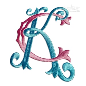 May include: An embroidered design featuring the intertwined letters "K" and "A" in teal and pink. The letters are stylized with ornate flourishes and a decorative, flowing script, suitable for monograms or personalised crafts.