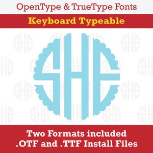 May include: A light blue monogram font with a scalloped border. The font is keyboard typeable and comes in two formats: OTF and TTF.