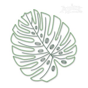 Può includere: Un disegno ricamato di una foglia di monstera in verde e nero. La foglia è contornata di nero e riempita con punti verdi.