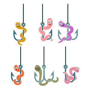 May include: Six cartoon worms on fishing hooks. The worms are different colors, including orange, pink, purple, and green. The hooks are all blue.