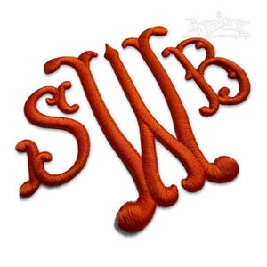 Könnte beinhalten: Orange gesticktes Monogramm mit den Buchstaben "S W B" in einer dekorativen Schreibschrift.