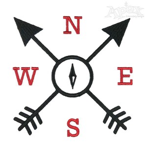 Puede incluir: Brújula en blanco y negro con flechas que apuntan al norte, sur, este y oeste. Las letras N, S, E y W están en rojo.