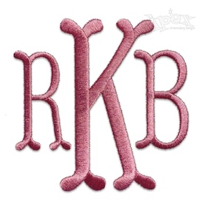 以下が含まれることがあります： ピンクの筆記体フォントでRKBの文字が書かれたモノグラム刺繍デザインです。