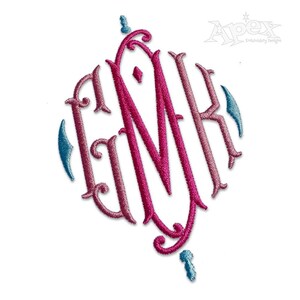 Op de afbeelding: Een roze en blauw monogram borduurontwerp met de letters "EMR" in een decoratief lettertype.