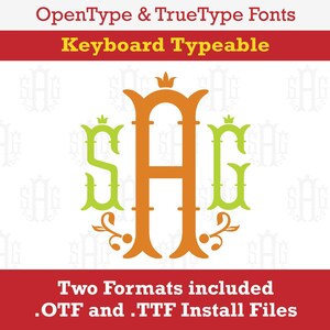 Pode incluir: Um design de fonte de monograma com as letras "SAG" em um esquema de cores verde, laranja e amarelo. A fonte está disponível nos formatos OpenType e TrueType. O texto "Keyboard Typeable" e "Two Formats included .OTF and .TTF Install Files" também está incluído na imagem.