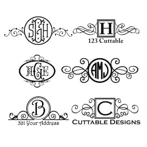 May include: Four different monogram designs with decorative flourishes. The monograms are "SGH", "H", "AMJ", and "B". The text "123 Cuttable" and "321 Your Address" are included in the designs. The text "Cuttable Designs" is below the monograms.