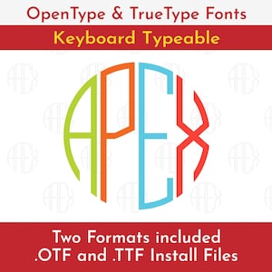 Pode incluir: Um design de fonte de monograma colorido com as letras "APEX" em um círculo. A fonte está disponível em dois formatos: OTF e TTF.