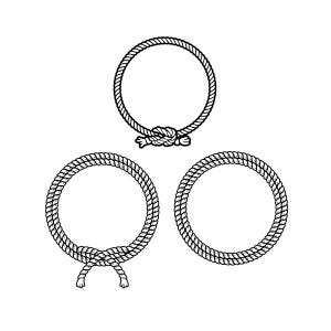 Peut inclure: Trois cercles de corde noire avec des nœuds. Le cercle du haut a un nœud simple, le cercle en bas à gauche a un nœud en arc, et le cercle en bas à droite n'a pas de nœud.
