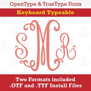 Peut inclure: Un téléchargement de police numérique pour les lettres S, M et R dans un style d'écriture cursive. Les lettres sont roses et sont dans un cercle. Le texte "OpenType & TrueType Fonts" et "Keyboard Typeable" est en haut de l'image. Le texte "Two Formats included .OTF and .TTF Install Files" est en bas de l'image.