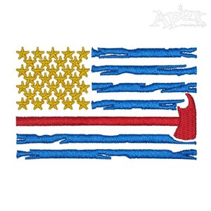 May include: A distressed American flag with a red line across the middle and a red firefighter axe in the bottom right corner. The stars are gold and the stripes are blue.