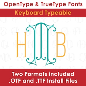 Pode incluir: Um design gráfico apresentando as letras H, I e B em uma fonte estilizada. As letras são de cor dourada e são cercadas por uma moldura decorativa de cor turquesa. O texto "OpenType & TrueType Fonts" e "Keyboard Typeable" é exibido acima do gráfico. O texto "Two Formats included .OTF and .TTF Install Files" é exibido abaixo do gráfico.