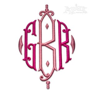 May include: A pink and magenta monogram embroidery design with the letters G, K, and R in a decorative, ornate font.