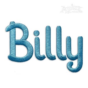 May include: Embroidered word "Billy" in a teal blue color, with a textured, stitched appearance. The letters are in a playful, rounded font, set against a clean white background. The Apex Embroidery Designs logo is in the upper right corner.
