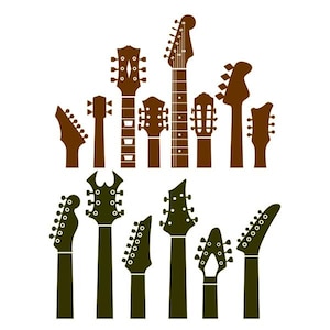 Könnte beinhalten: Ein Satz von 11 Gitarrenkopf-Silhouetten in Braun und Grün. Die obere Reihe zeigt 8 braune Kopfplatten, während die untere Reihe 3 grüne Kopfplatten zeigt.