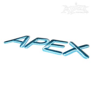 May include: A blue embroidered patch with the word "APEX" in a stylized font.
