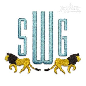 May include: A monogram embroidery design featuring the letters "S W G" in light blue with two yellow lions facing each other on either side of the letters.