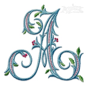 May include: An embroidered letter J in blue and green, featuring holly leaves and red berries. The letter is in a decorative script font.