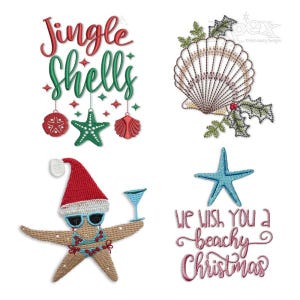 May include: A collection of embroidered designs with a Christmas and beach theme. Includes text that says "Jingle Shells" and "We wish you a beachy Christmas". Other designs include a seashell, starfish, and a starfish wearing a Santa hat.