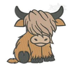 May include: Embroidered design of a brown and gray Highland cow with a fluffy mane. The cow is sitting with its legs tucked under its body.