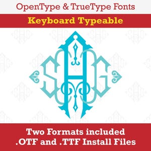 May include: A teal blue monogram font design with the letters "SAG" in a decorative, gothic style. The text "OpenType & TrueType Fonts" and "Keyboard Typeable" is above the monogram. The text "Two Formats included .OTF and .TTF Install Files" is below the monogram.