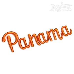 May include: An orange embroidered patch featuring the word "Panama" in a cursive script. The lettering has a gradient effect, with lighter orange highlights. The Apex Embroidery Designs logo is in the top right corner.