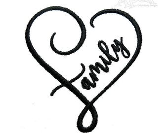 May include: A black and white design of a heart with the word "family" written inside.