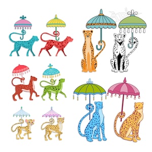 Può includere: Una collezione di illustrazioni di ghepardi colorati, ognuno con un ombrello decorativo. I ghepardi sono raffigurati in varie pose e colori, tra cui blu, rosso, verde e giallo, con macchie. Gli ombrelli hanno finiture decorative.