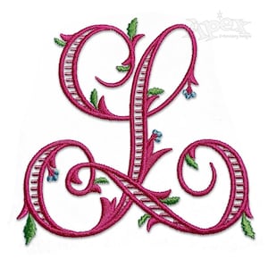 May include: Embroidered letter L with pink and green floral embellishments. The letter is in a script font and is surrounded by intricate swirls and leaves.