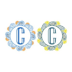May include: Two circular designs featuring the letter "C". One is blue with oyster and orange slice accents, the other is teal with oyster and lemon slice accents. Both are on a white background.