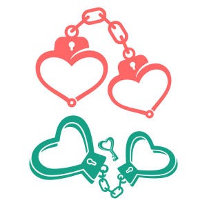 May include: Two pairs of heart-shaped handcuffs, one pair in pink and one pair in green. The pink pair is connected by a chain, while the green pair is connected by a chain and a small heart-shaped key.