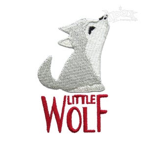 May include: Embroidered design of a white wolf pup howling with the text "Little Wolf" in red below.