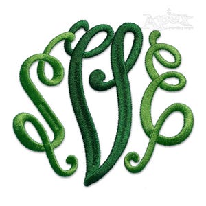 May include: Green embroidered monogram with the letters "SVE" in a cursive font.