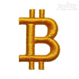 May include: Gold embroidered Bitcoin symbol patch. The patch features the Bitcoin currency symbol in a bright gold color. The patch is designed for application on clothing or accessories.