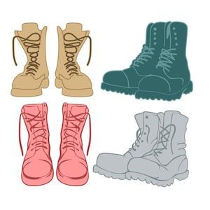Pode incluir: Quatro pares de botas em diferentes cores e estilos. O primeiro par é marrom, o segundo par é rosa, o terceiro par é cinza e o quarto par é azul-esverdeado.