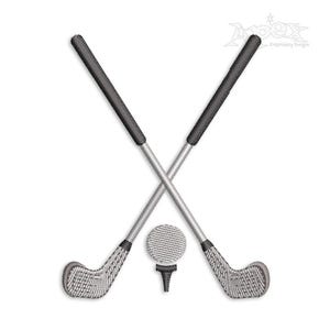 May include: Two crossed golf clubs with a golf ball on a tee in the center.