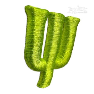 May include: A lime green embroidered cactus design. The embroidery is dense and textured, with a three-dimensional appearance. The design is set against a white background. The Apex Embroidery Designs logo is in the upper right corner.