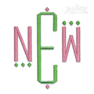 May include: Embroidered design of the word "NEW" in pink and green. The "E" is outlined in green and the "N" and "W" are filled in pink.